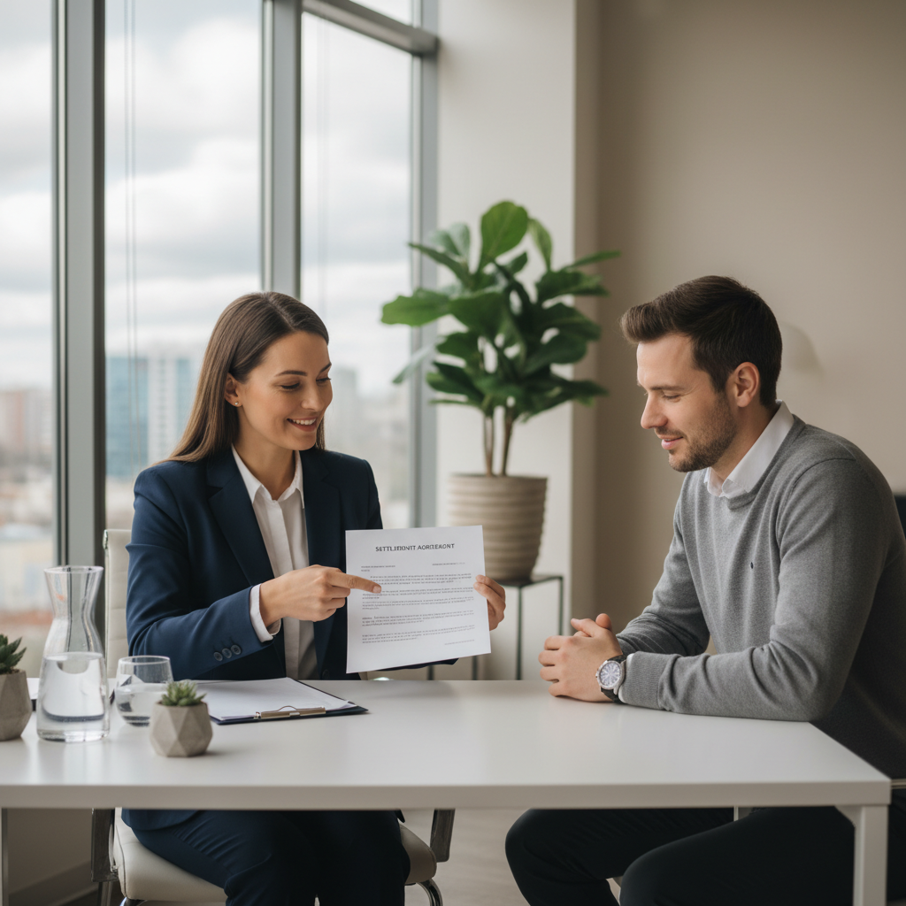 Employee discussing a settlement agreement with an employment lawyer